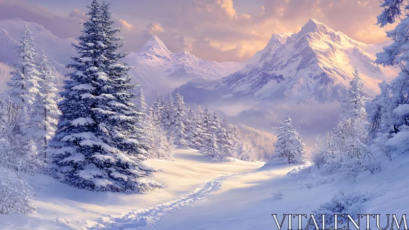 Radiant alpine snowfield with conifer silhouettes at dusk.