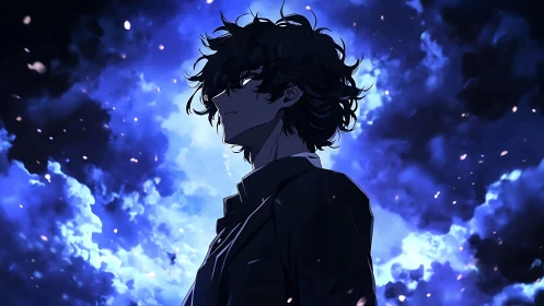 Brooding anime hero stands before storm of ethereal blue light