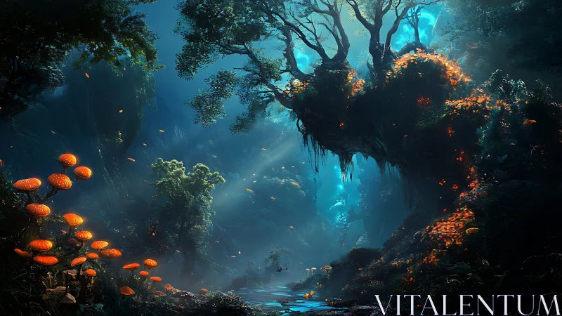 Bioluminescent forest glows beneath ethereal blue light.