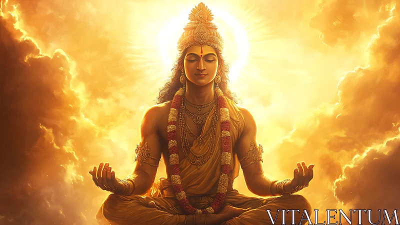 Seated robed figure meditates against luminous clouded sky