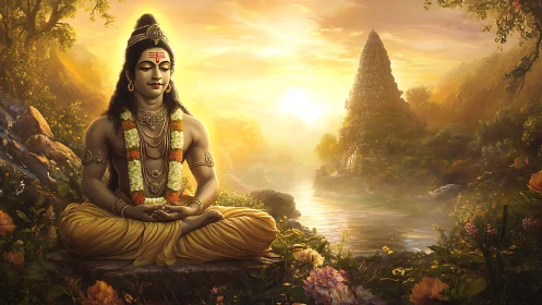 Sun-drenched yogi in golden valley of sacred river dreams.