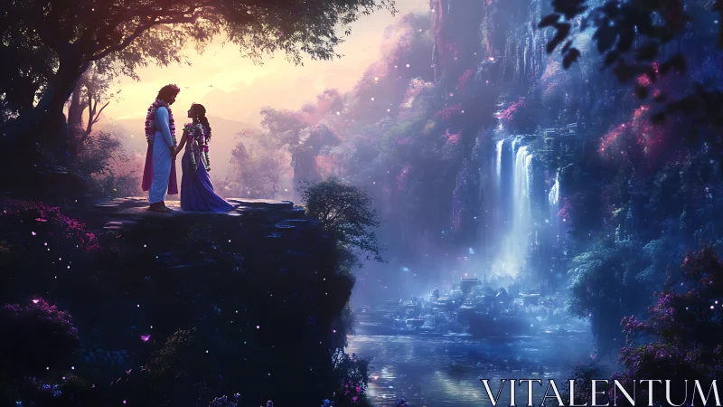 Lovers stand above mystical valley and glowing waterfalls.