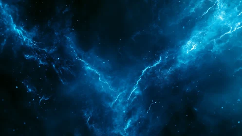 Electric blue cosmic clouds drift through a quiet starry void