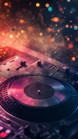 Neon turntable galaxy spinning sparks of late night sound.