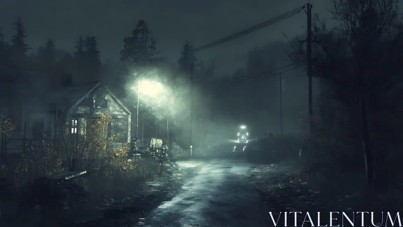 Foggy rural road glows under eerie streetlights at midnight