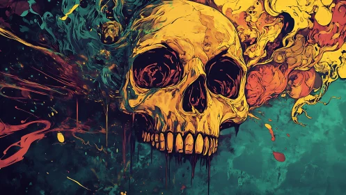 Digital painting of molten skull in turbulent chromatic field.