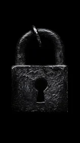 Textured iron padlock isolated in high contrast frontal lighting