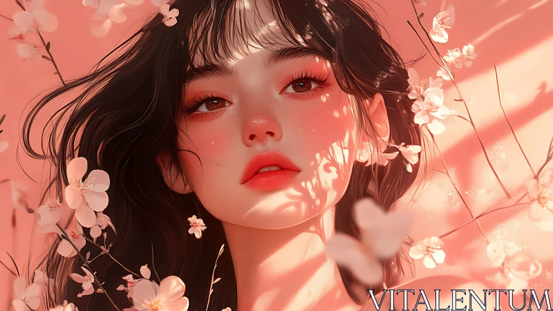 Blossom-lit portrait reveals serene gaze in peach light.