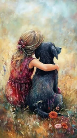 Girl and Black Dog in Wildflower Field: Impressionistic Oil Study.