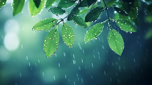 Rain-soaked green leaves with luminous bokeh background.