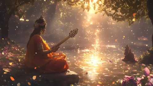 Luminous river raga with serene goddess in golden hush.