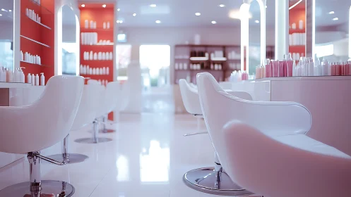 Modern hair salon interior shows aligned chairs and shelving