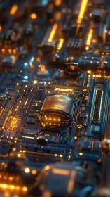 Futuristic circuit board glows with dense orange micro lights