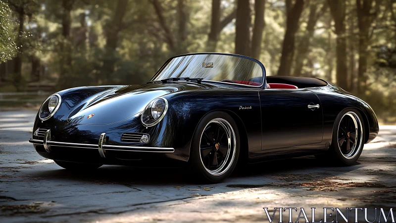 Classic black roadster parked on sunlit forest road.