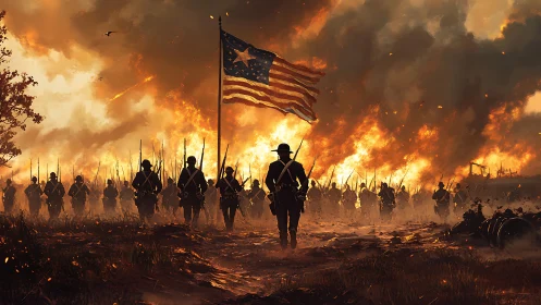 Military formation with national flag against large-scale fire.