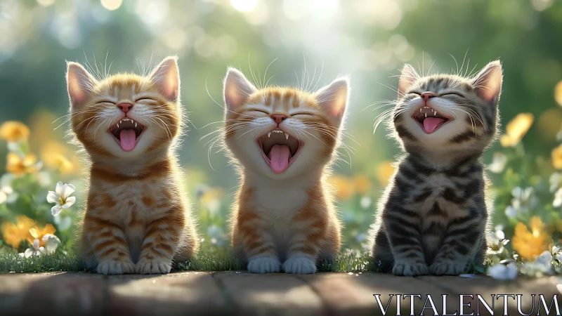 Three Joyful Kittens Laughing in a Sunlit Meadow of Flowers.
