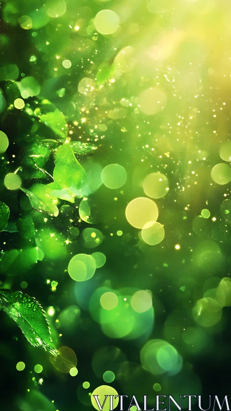 Luminous green foliage with bokeh light particles and dew.