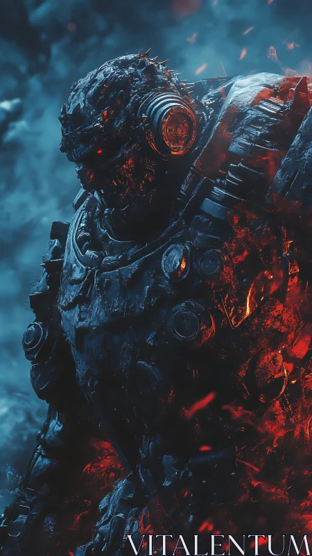 Molten armored mech figure in blue and red atmospheric field.