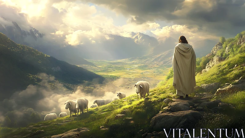 Gentle shepherd watching sheep over a sunlit valley path.