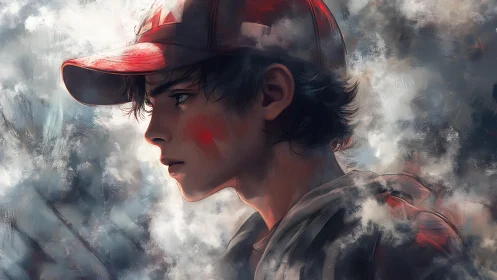 Teen boy in red cap rendered in soft digital profile portrait