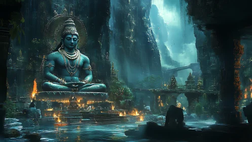Large blue seated deity statue occupies central cavern temple