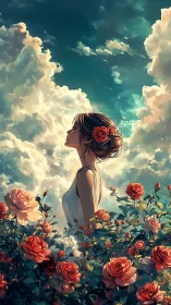 Dreamy girl among glowing roses and drifting clouds.