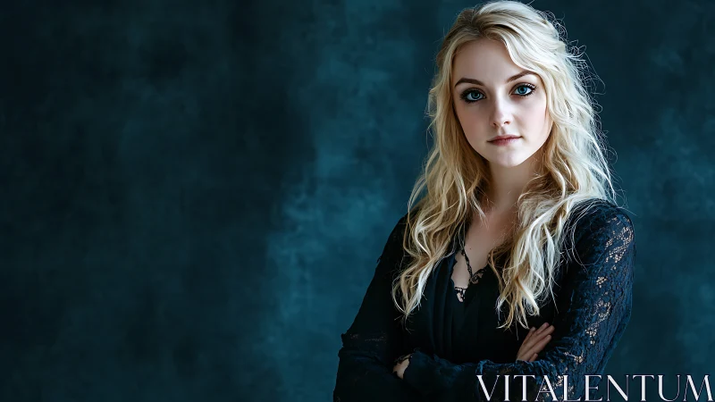 Calm confidence in a deep teal portrait studio moment.