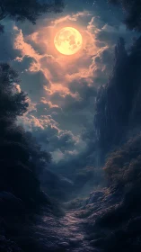 Luminous full moon above misted forest ravine at dusk.