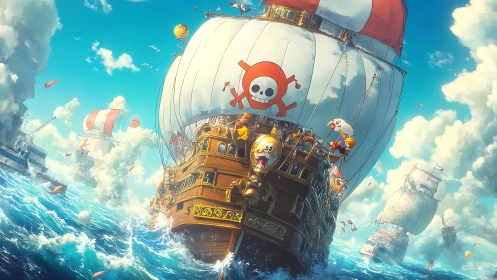 Anime pirate galleon under billowing sails navigates dynamic seas