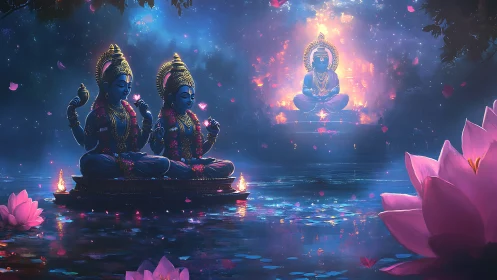 Moonlit lotus lake cradling meditating blue deities in glow.