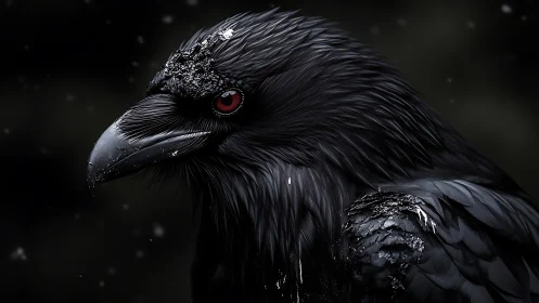 Raven portrait in icy storm with hyperdetailed wet plumage.