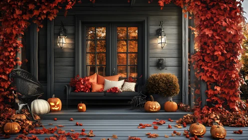 Digital porch tableau with autumnal Halloween styling.