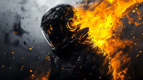 Ignited wanderer in obsidian armor striding through stormfire.