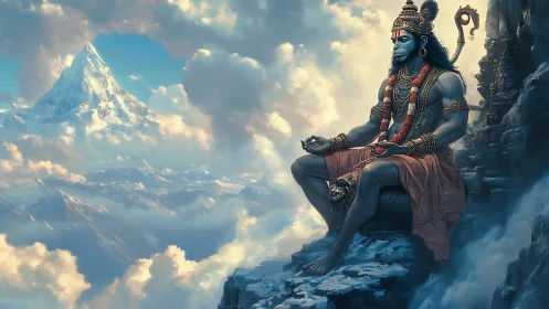 Meditating mountain deity gazes over ethereal cloud kingdom