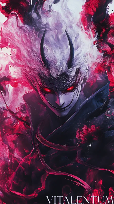 Demon of burning dusk wrapped in swirling crimson fire.