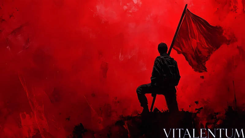 Silhouetted figure kneels on ridge holding large red flag