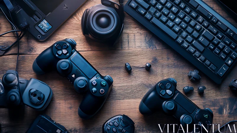 DualShock controllers with PC peripherals on rustic wood desk