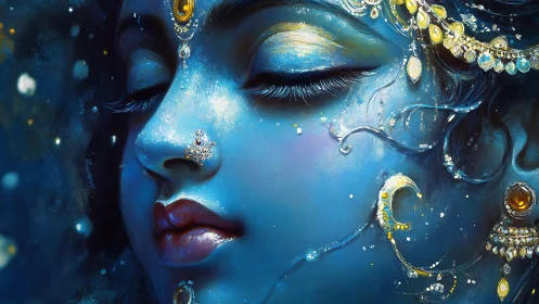 Divine blue visage rests in jeweled celestial serenity.