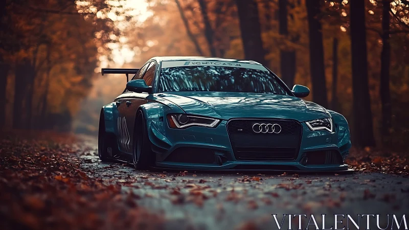 Teal widebody Audi RS on autumn forest road at dusk.