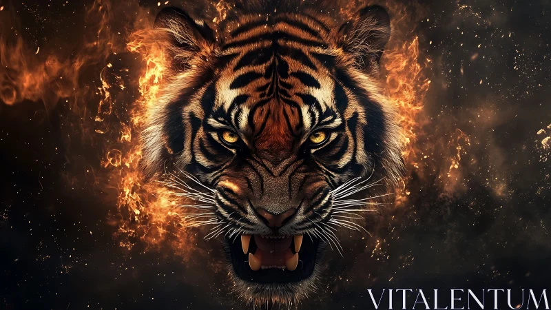 Roaring tiger head emerges from swirling inferno in darkness