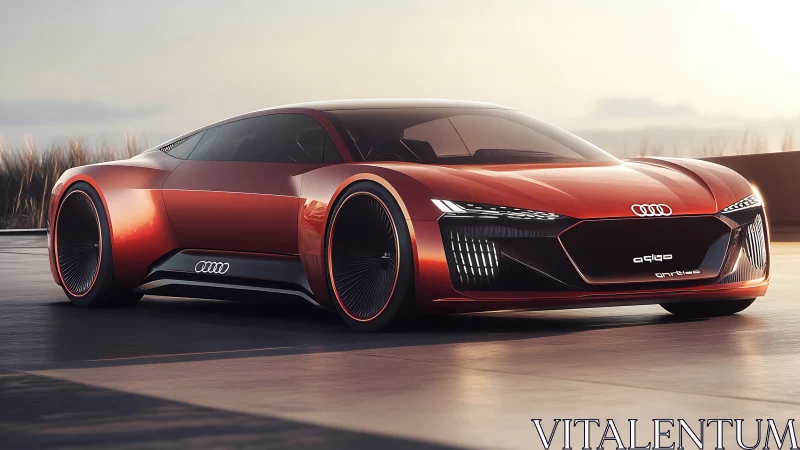 Red Audi electric concept car on modern open roadway.