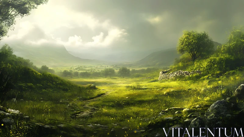 Sunlit valley meadow with distant misty mountains and ruins.