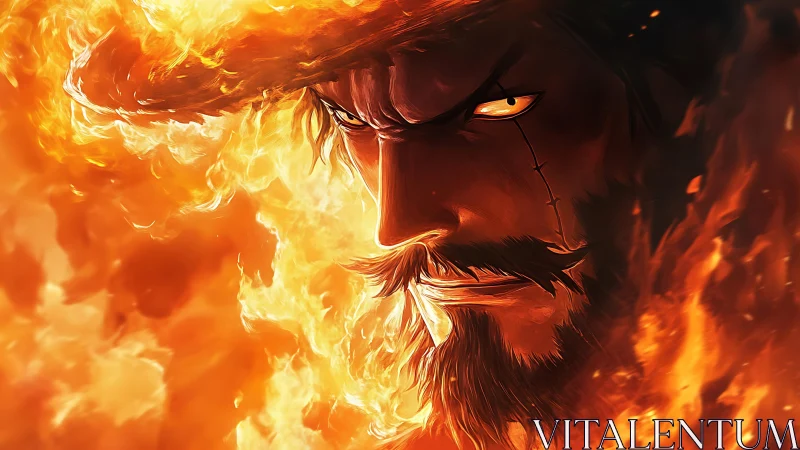 Fiery close-up portrait of scarred warrior rendered in dynamic flames
