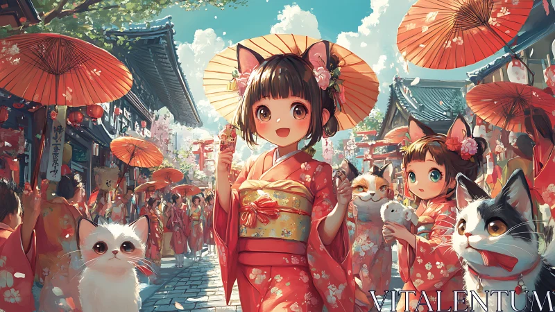 Cat-eared girls in kimonos walk through a festival street