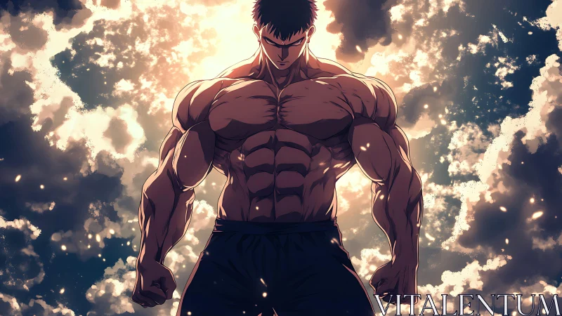 Muscular anime warrior stands under blazing celestial light.