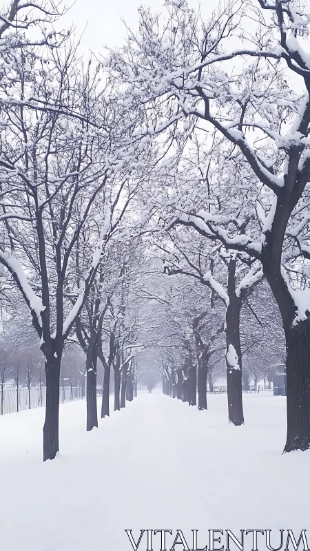Quiet winter walkway lined with softly snow-capped trees.