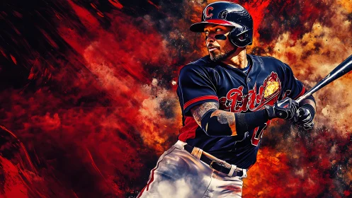 Baseball player prepares to swing bat amid fiery backdrop