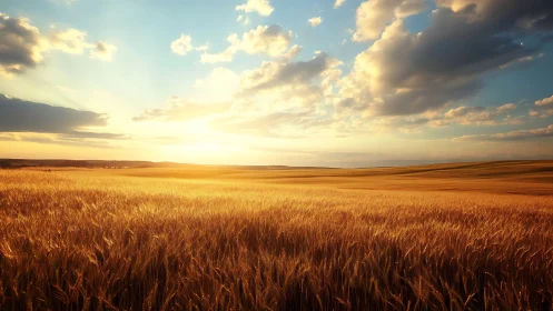 Golden wheat field glows under low sunset over rolling plains