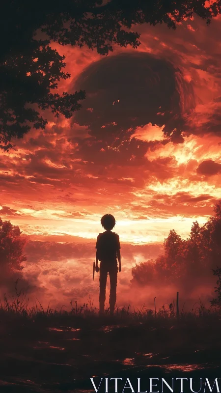 Silhouetted figure observing red cloudscape and dark vortex.