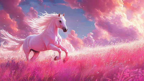 White horse gallops through luminous pink meadow at sunset